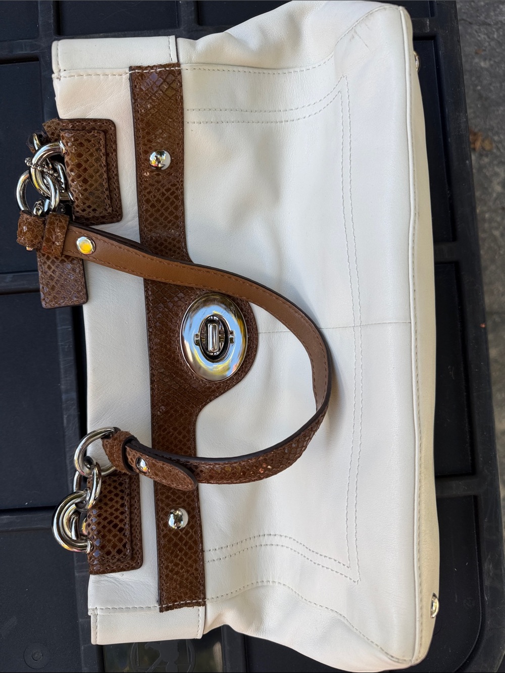 Coach White Leather Shoulder Bag with Brown Trim and Silver Hardware